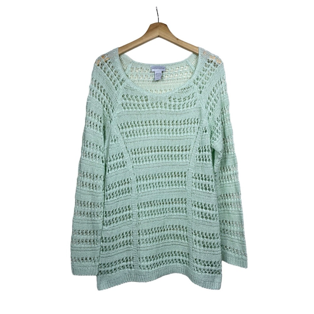 Soft Surroundings Women Open Knit Sweater XL Mint Green Pullover Boho Coastal‎